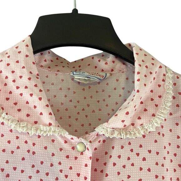 Vtg 80s Artistic Fantasy Gingham Heart Print Pearl Snap Robe Dress Jam Jar Pocke - Picture 6 of 11